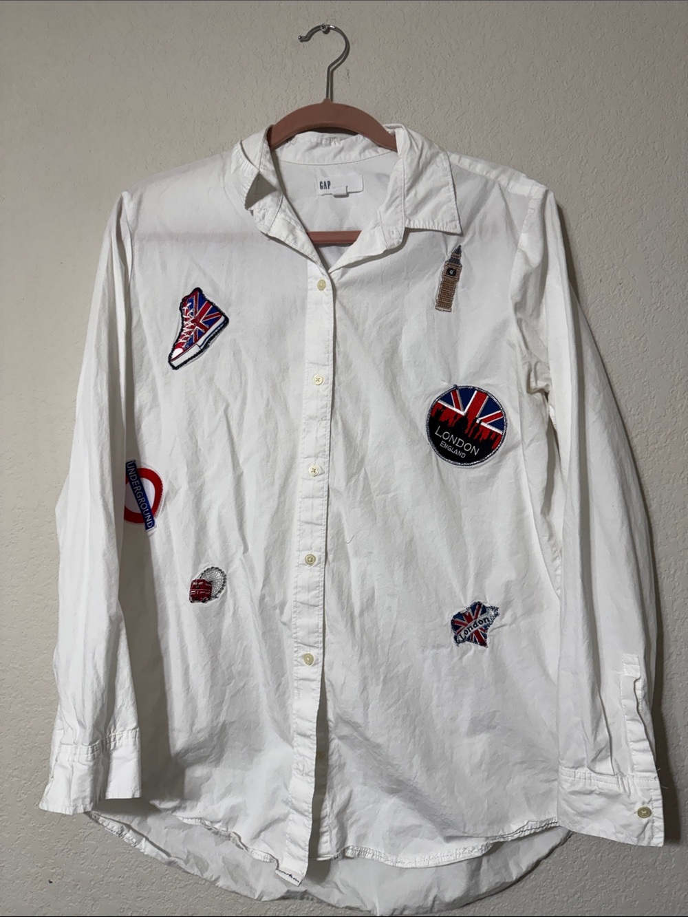 GAP White Button-Down Shirt with London Patch Accents